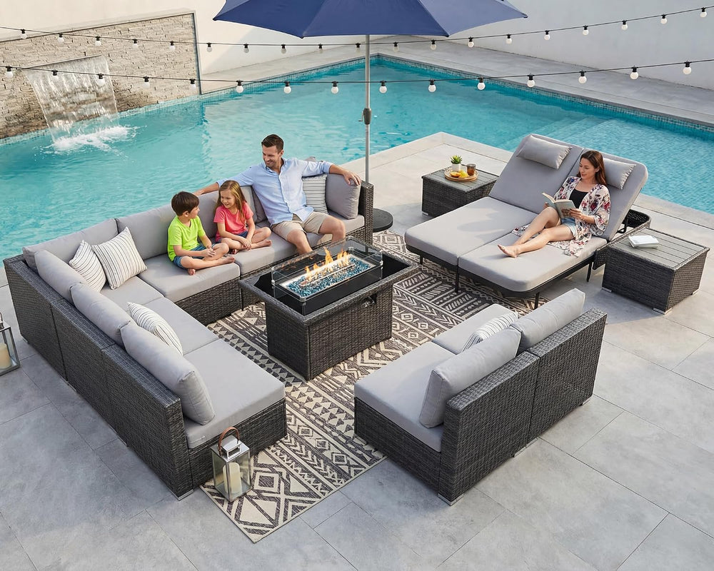 NICESOUL 13 Pcs Patio Set with Fire Pit Table, Modular 10-Seat Wicker Outdoor...