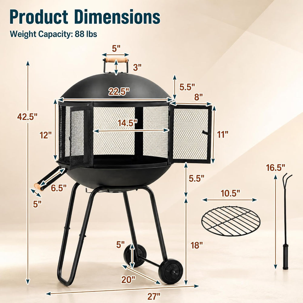 HAPPYGRILL 28” Outdoor Fire Pit with Lockable Doors, Fire Poker & Wheels