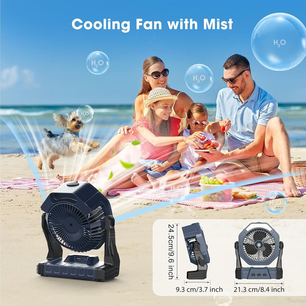 Ausic Portable Misting Fan, Outdoor Rechargeable Fan, LED Light, Hook, 35H