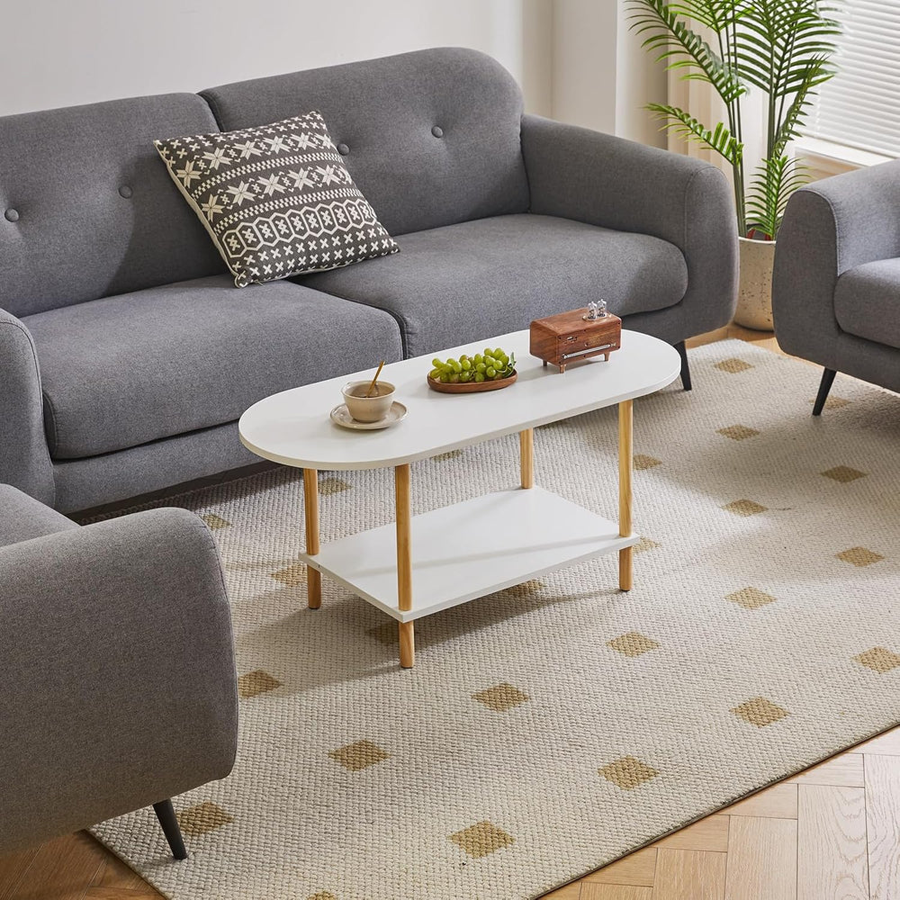Aibiju Oval Coffee Table White, Small Wooden Coffee Table for Small Space, Te...