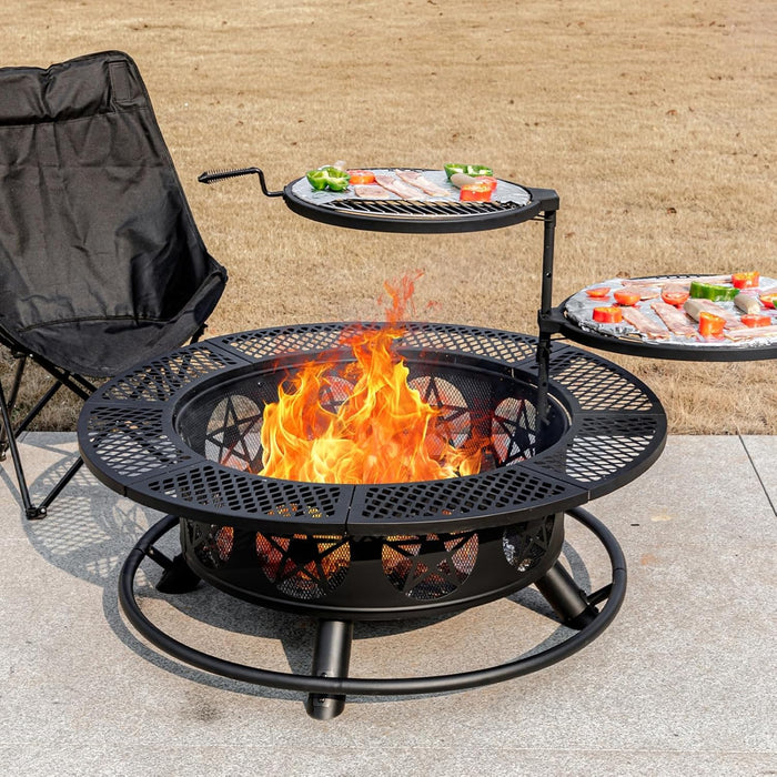 Outvue 36 Inch Outdoor Fire Pits with 2 Grills, Lid & Poker