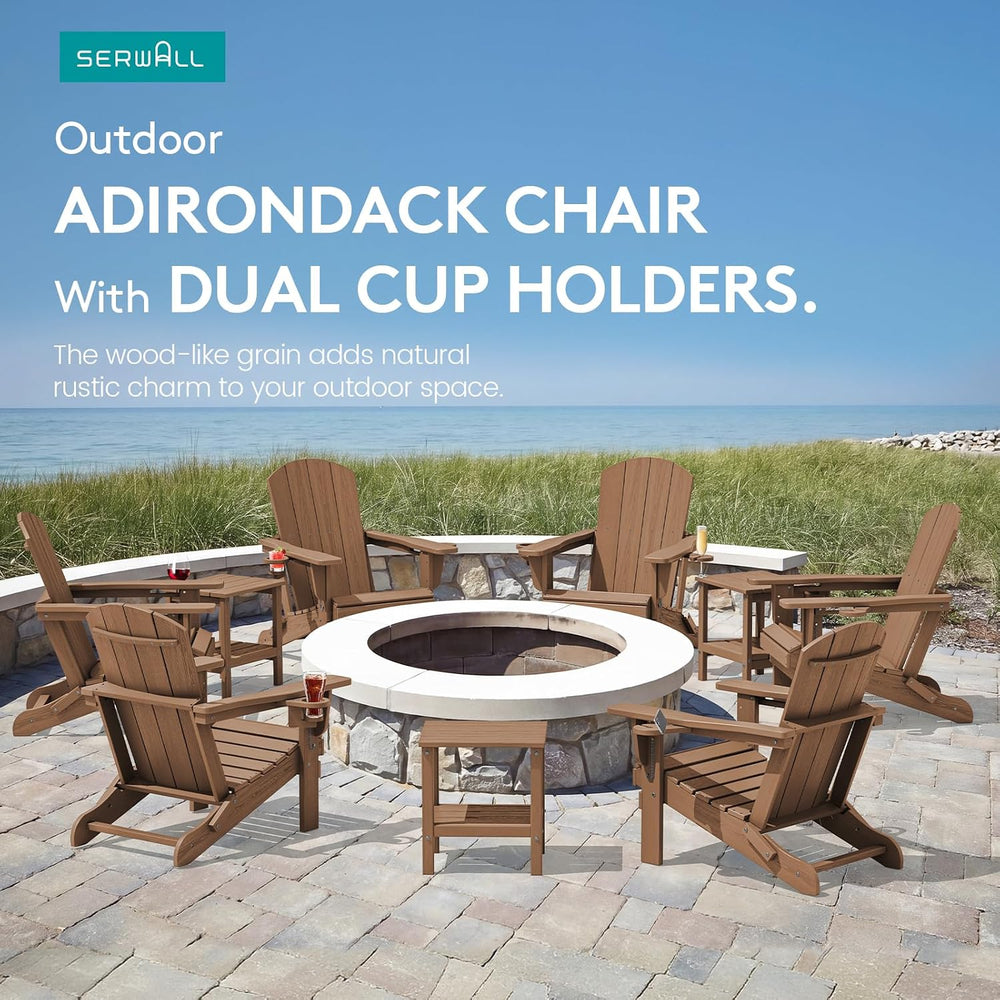 SERWALL Outdoor Adirondack Chair Set of 2 with Cup Holders,Foldable,Brown