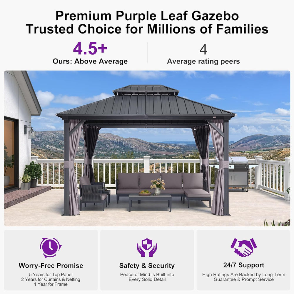PURPLE LEAF Hardtop Gazebo 10' x 12' Aluminum with Privacy Curtain, Grey