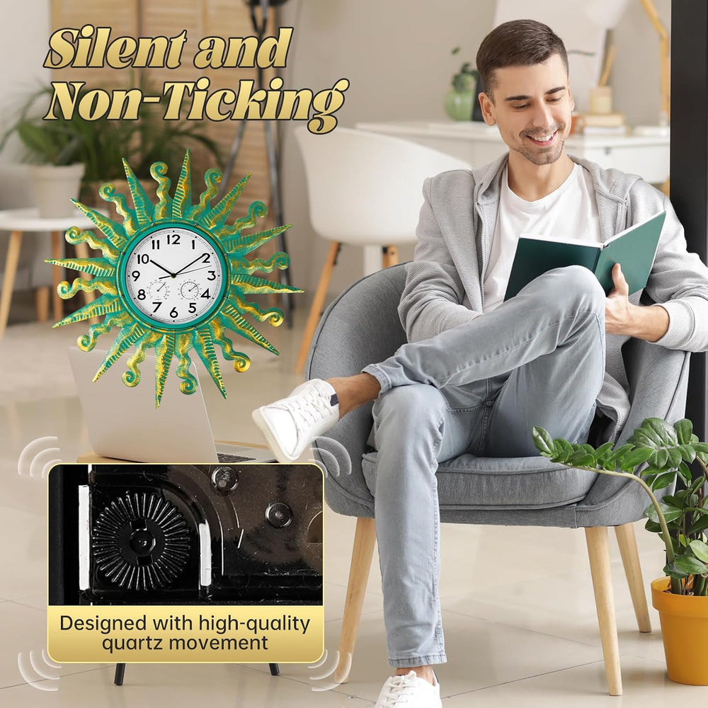 25-Inch Sun-Shaped Outdoor Clock and Thermometer Set Golden