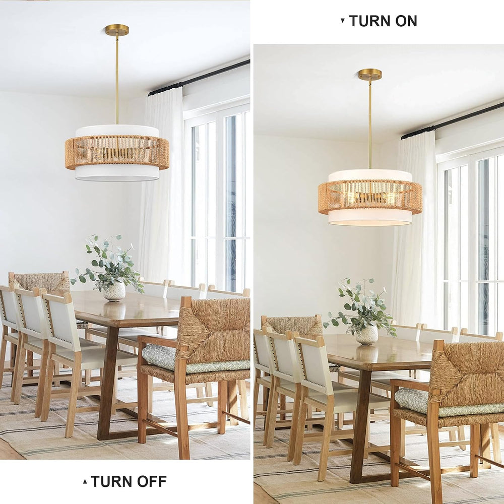 4-Light Rattan Chandelier for Dining Room, 19.7" Boho Pendant Light Fixture