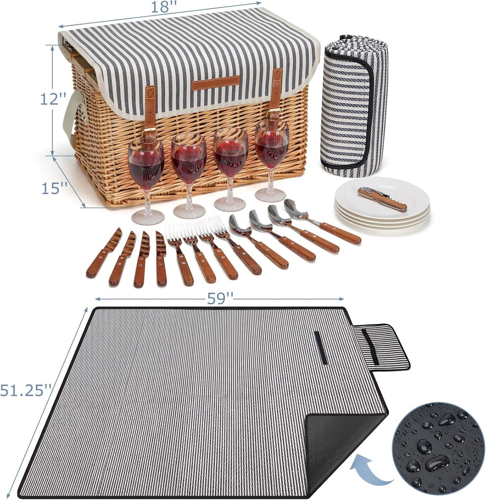 WILLOW WEAVE Wicker Picnic Basket for 4 with Wine Table - Stripe