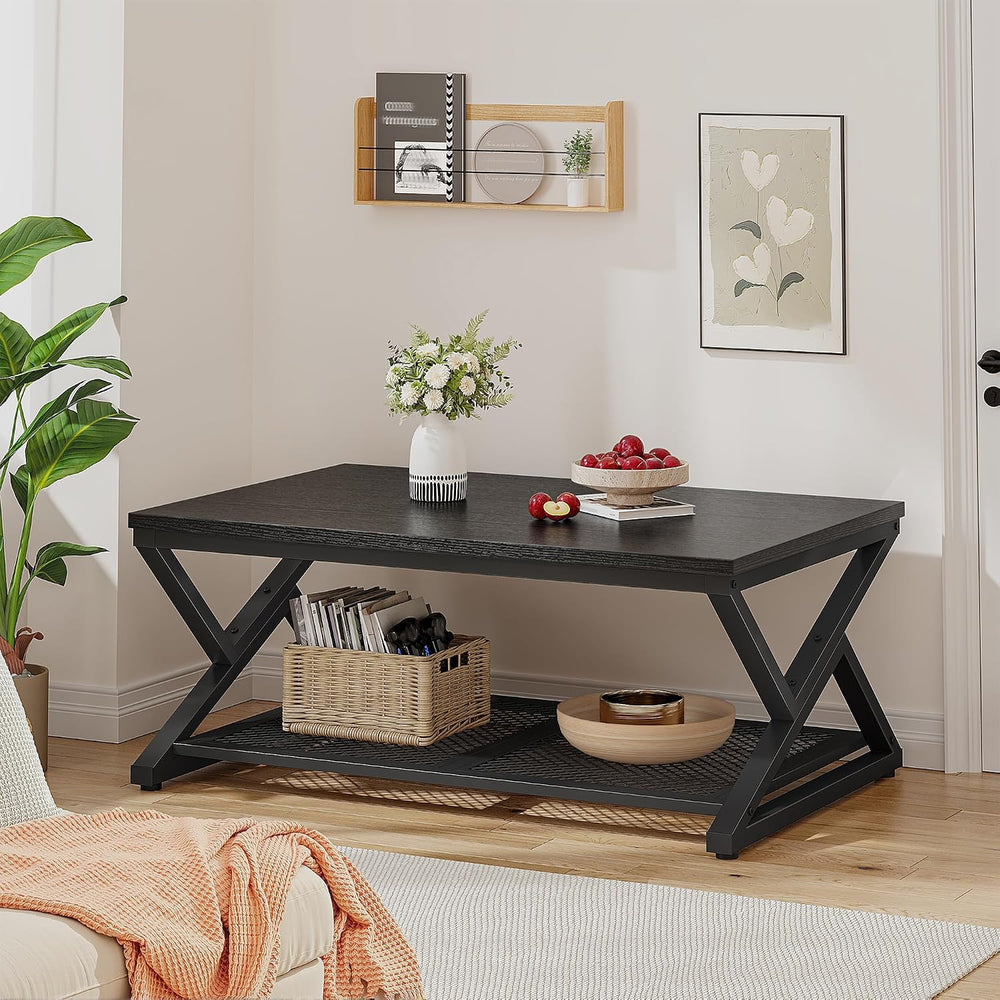 EnHomee Coffee Table with Storage & Shelf for Living Room, Black Oak