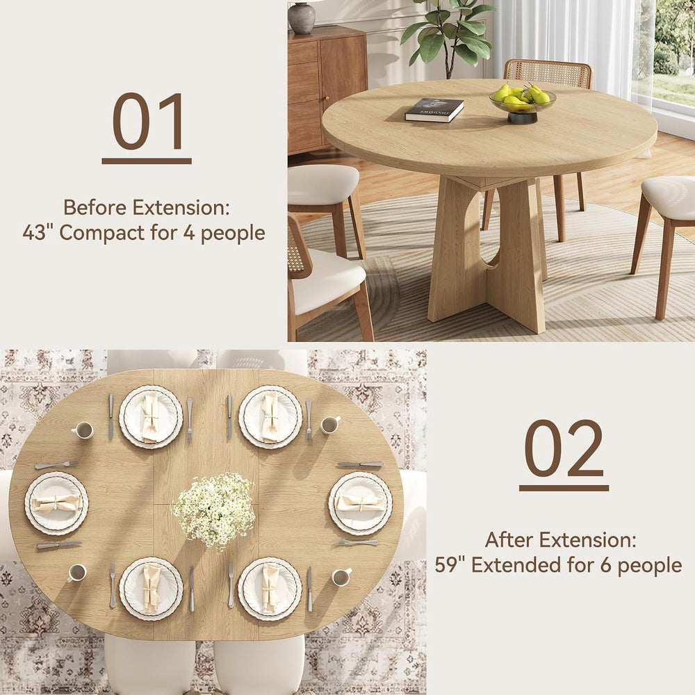 Epecoya 59-Inch Extendable Round Dining Table for Dining Room, Light Oak