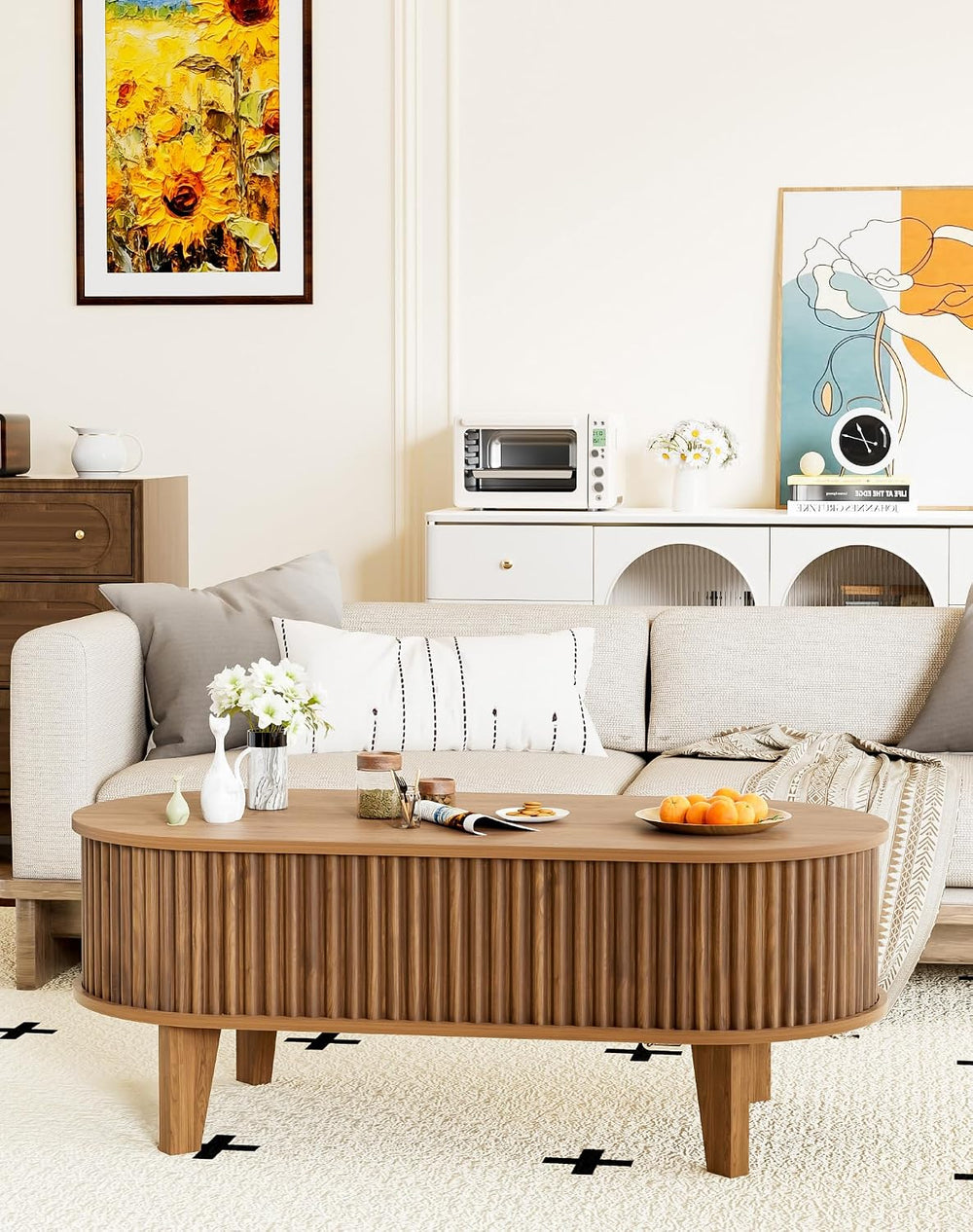 Oval Lift Top Coffee Table with Storage, 41" Wood Fluted Modern Living R...