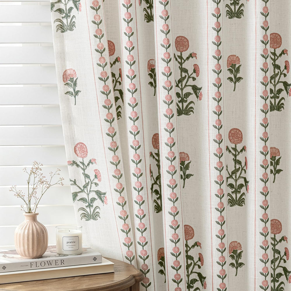 Floral Pinch Pleated Linen Curtains,Pink & White,40" W x 84" L