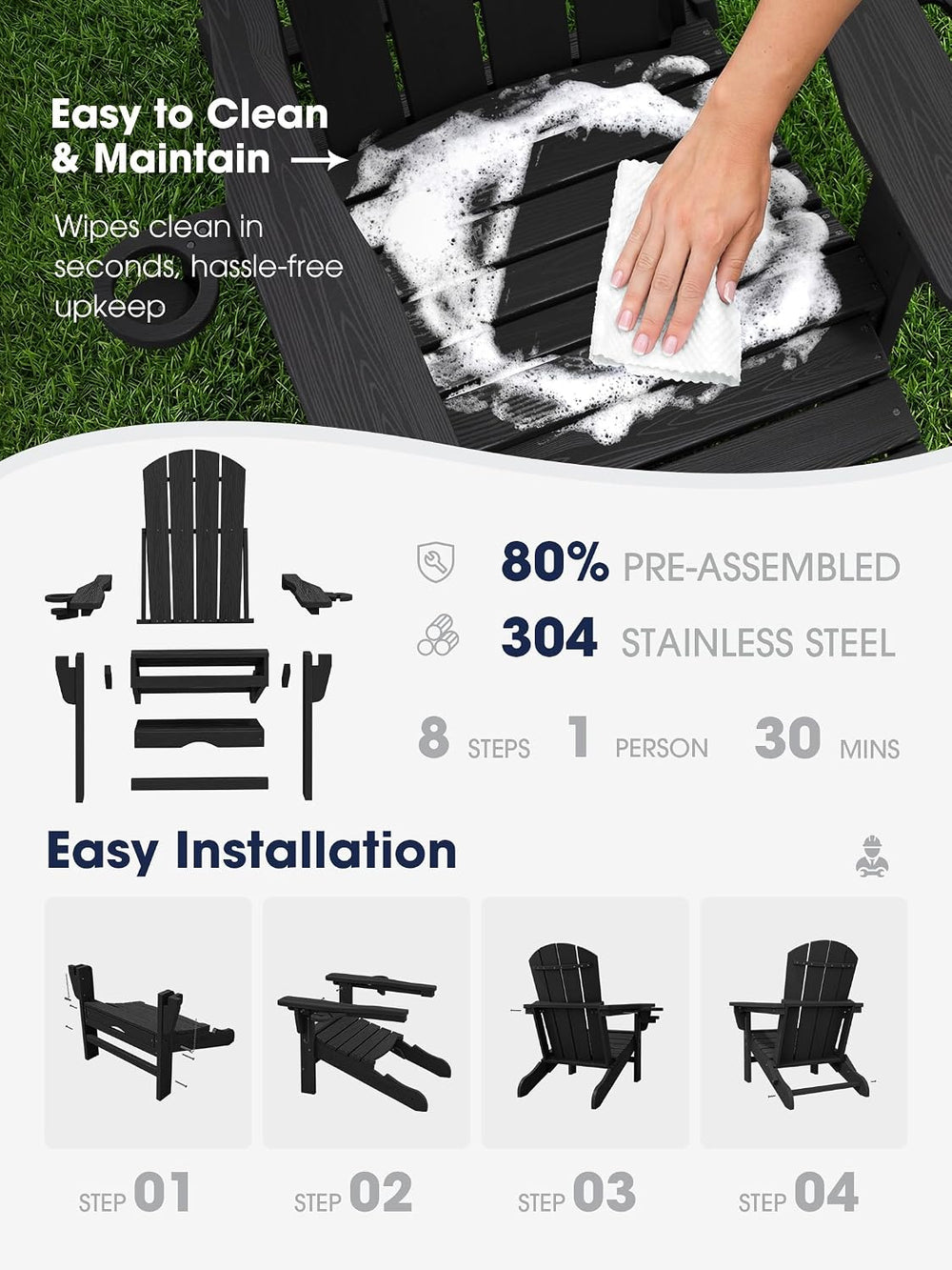 KINGYES Folding Adirondack Chair with Ottoman & Dual Cup Holders, Black