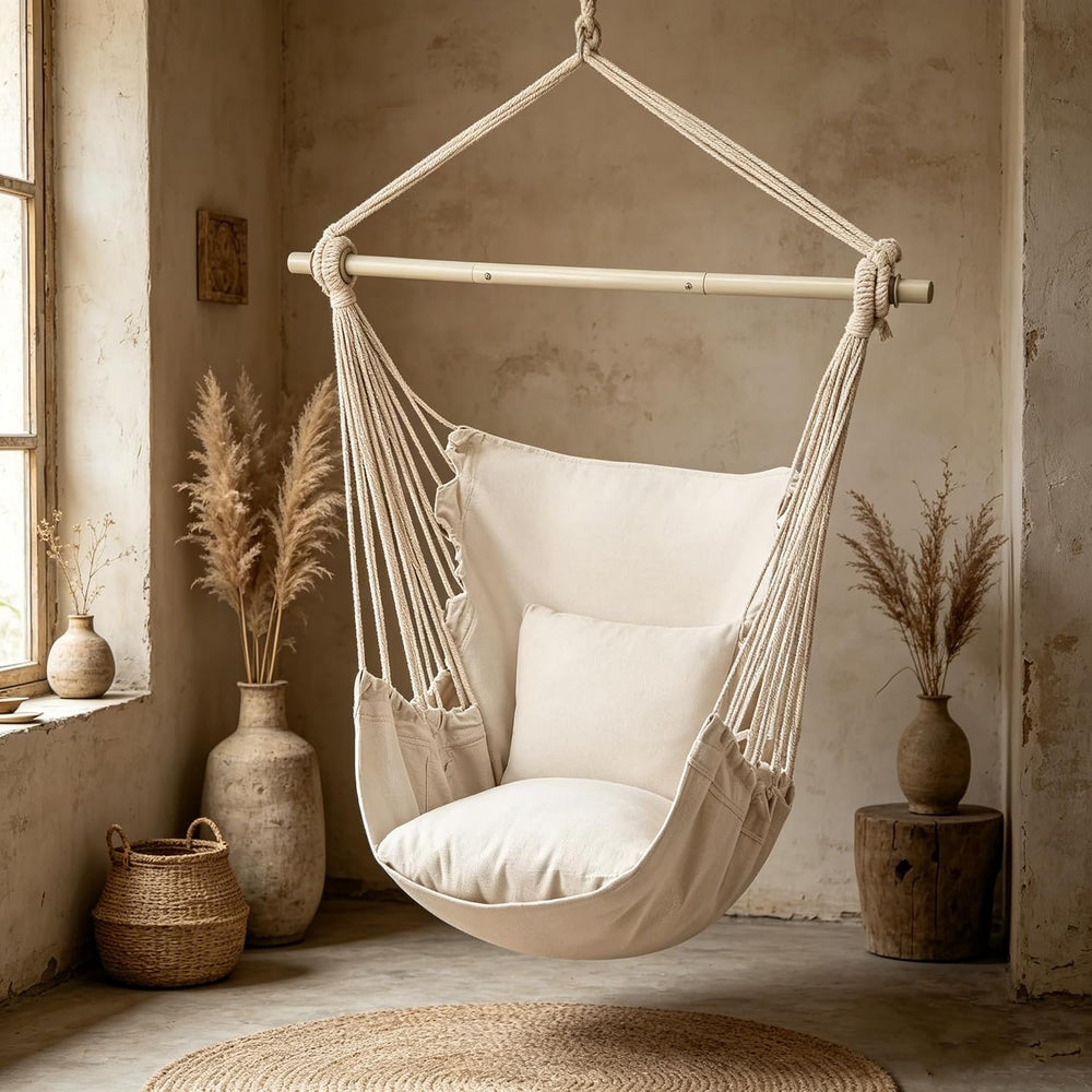 MoNiBloom Hammock Chair Hanging Rope Swing w/2 Cushions, Beige