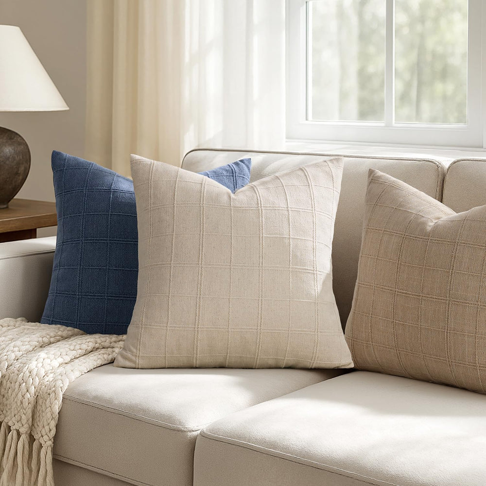 Set of 2 Linen Plaid Throw Pillow Covers 22x22 Inch, Beige