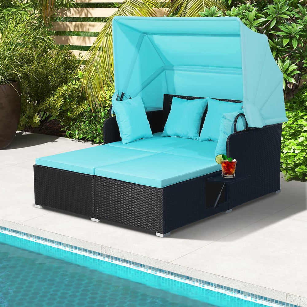 ORALNER Outdoor Daybed, 2-Person Wicker Patio Sofa with Retractable Canopy, C...