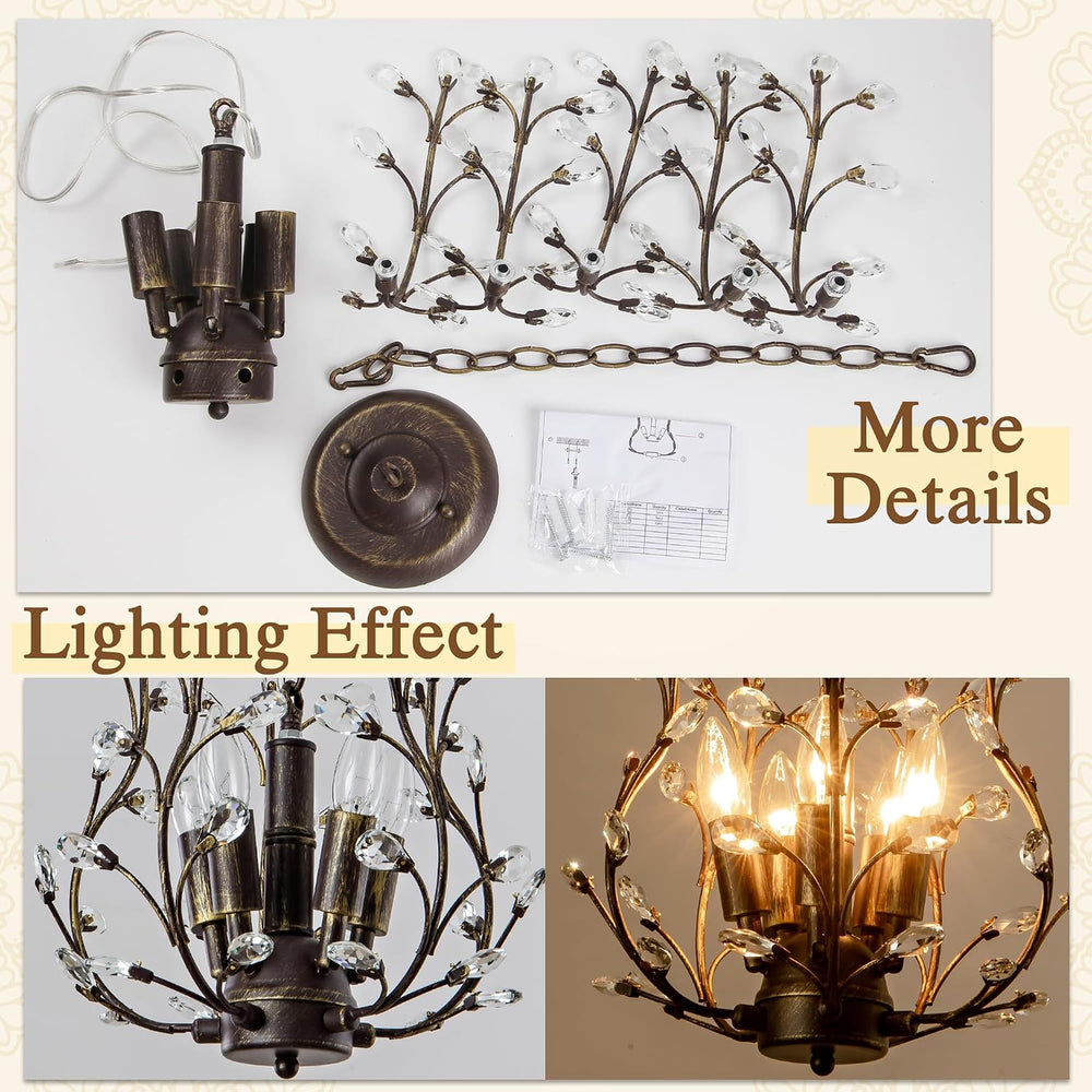 Vintage 5 Light Crystal Chandelier for Dining Room, Aged Bronze Tree Branch