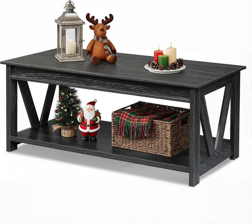 WLIVE Coffee Table, 43.3 Inch Farmhouse Table with Storage Shelf, Black