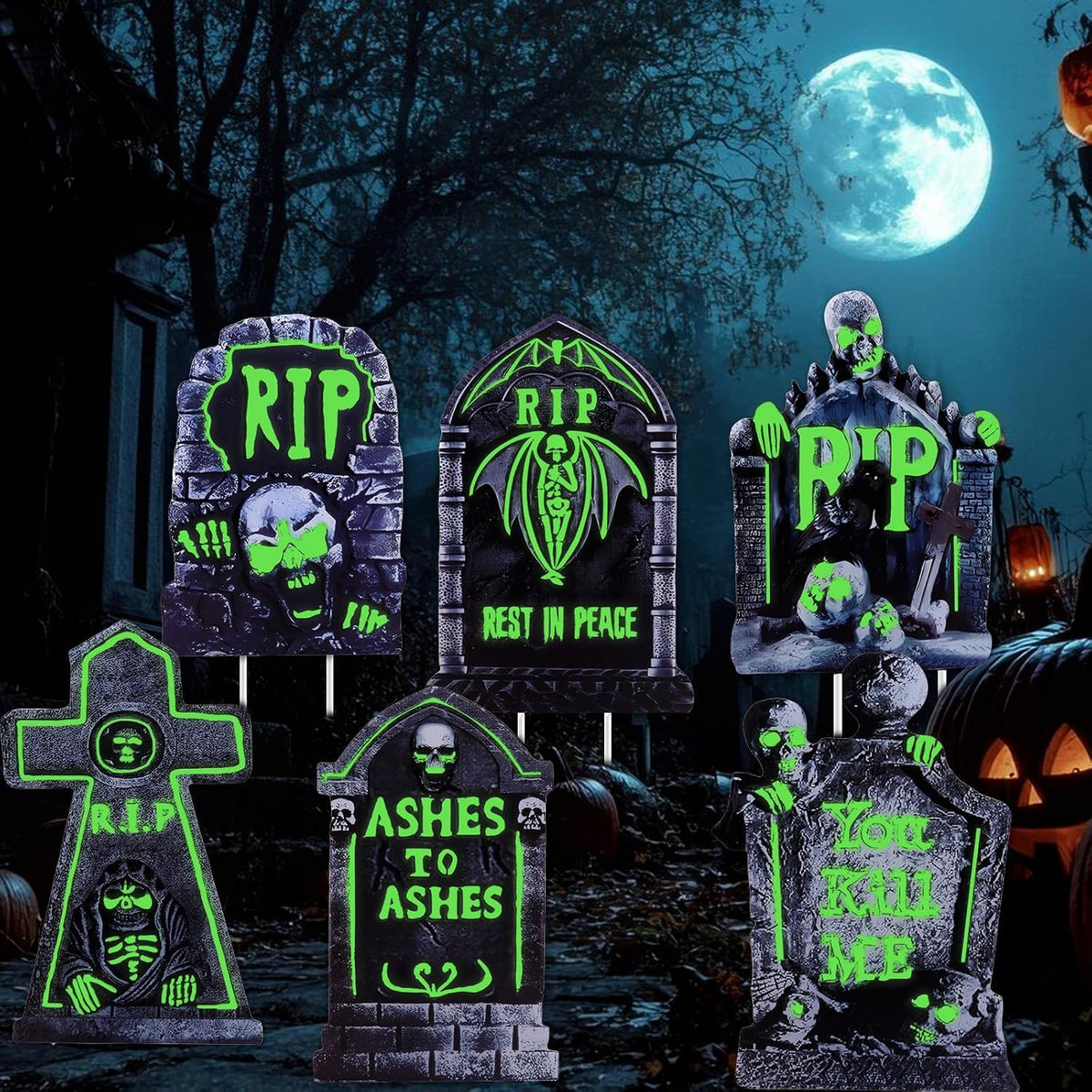 Halloween Decorations Outdoor Tombstone Yard Sign with Stakes 6PCS Glow in the Dark Waterproof Graveyard Tombstones Scary Zombie Theme Halloween Outdoor Decor for Family Home Front Yard Lawn Garden