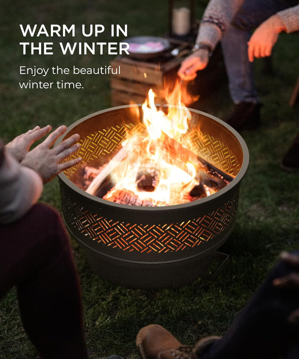 26 inch Fire Pit with Grill & Lid, Firepits for Outside Wood Burning Fire...