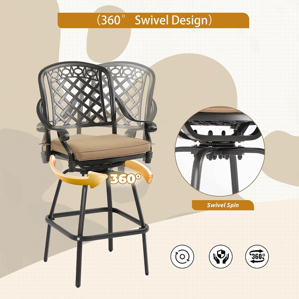 3-Piece Cast Aluminum Patio Bar Set, Outdoor Round High Top Table & 2 Swi...
