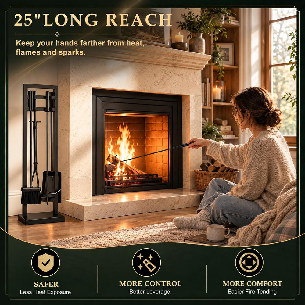 FEED GARDEN 5-Piece Fireplace Tool Set, 30" One-Piece Stand, 10mm Solid