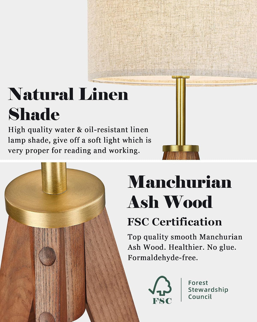 ELYONA Floor Lamp for Living Room, Solid Ash Wood Tripod Floor Lamp with Remo...