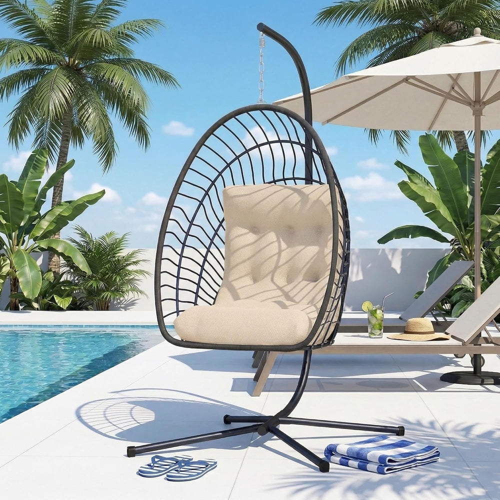 Kingdura Hanging Egg Chair with Stand Indoor Outdoor, Foldable Rattan Wicker ...
