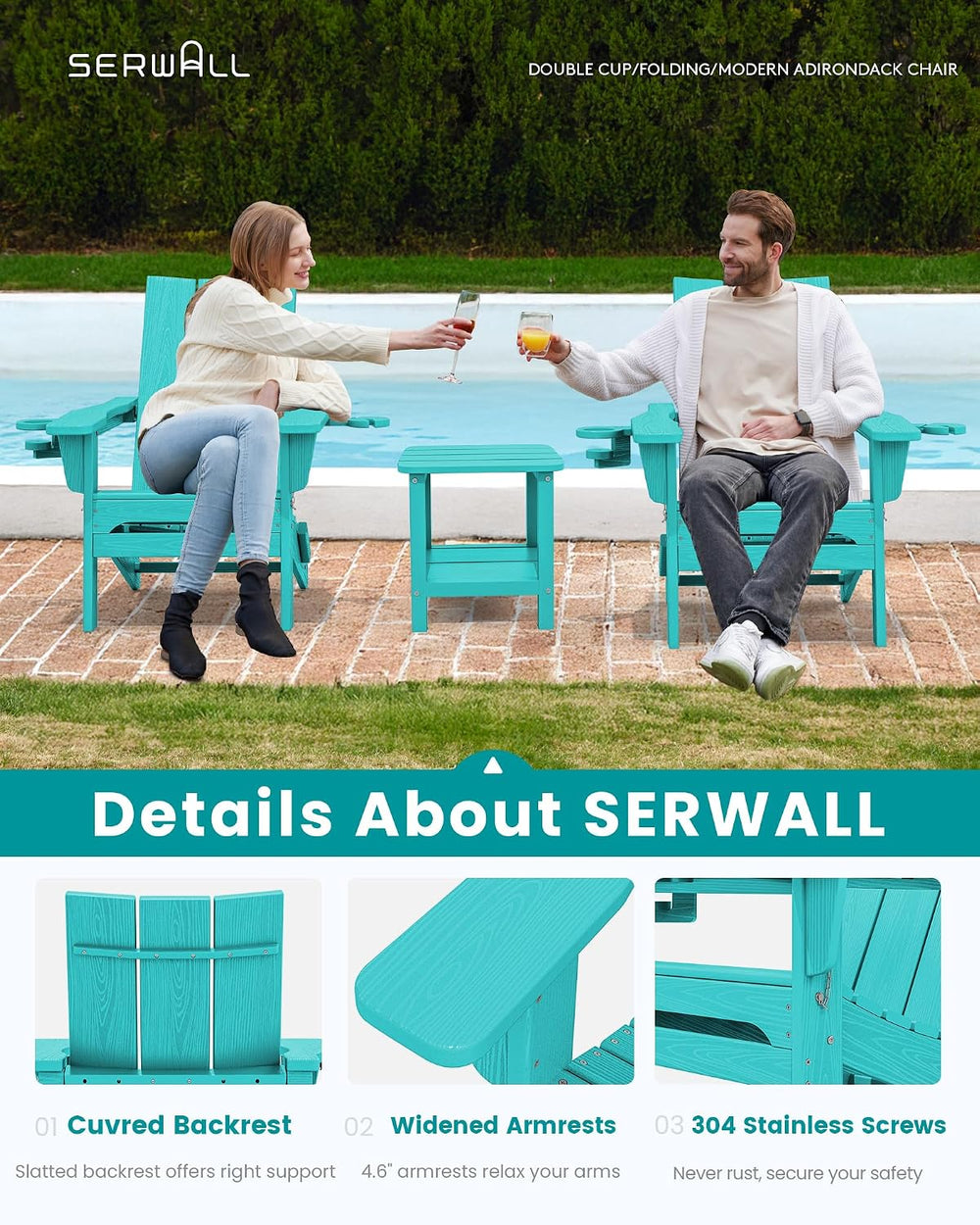 SERWALL HDPE Modern Folding Adirondack Chair with Dual Cup Holder, Teal