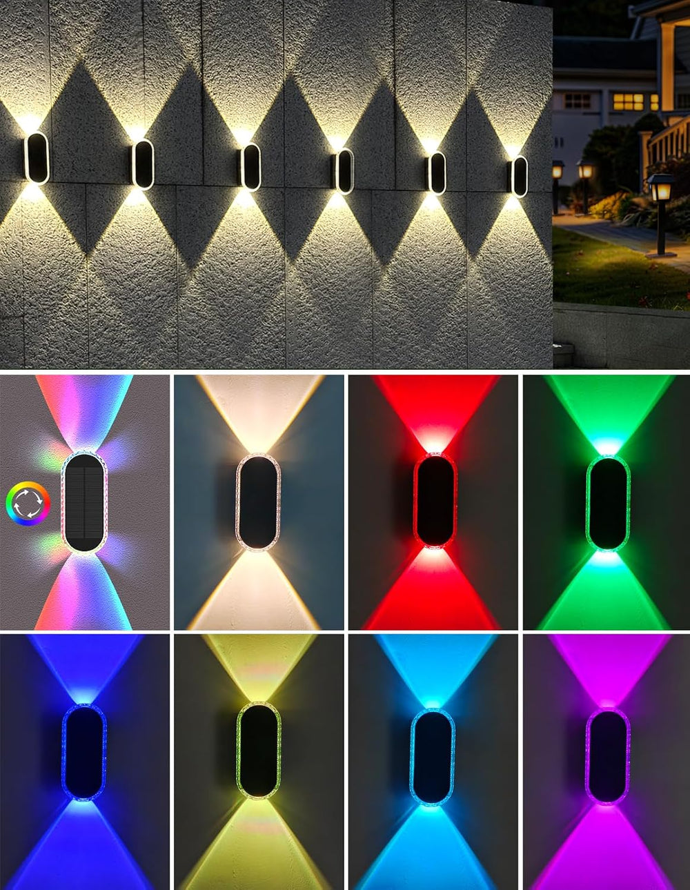 Solar Fence Lights Outdoor, Warm White & RGB 8 Modes Solar Wall Lights Ou...
