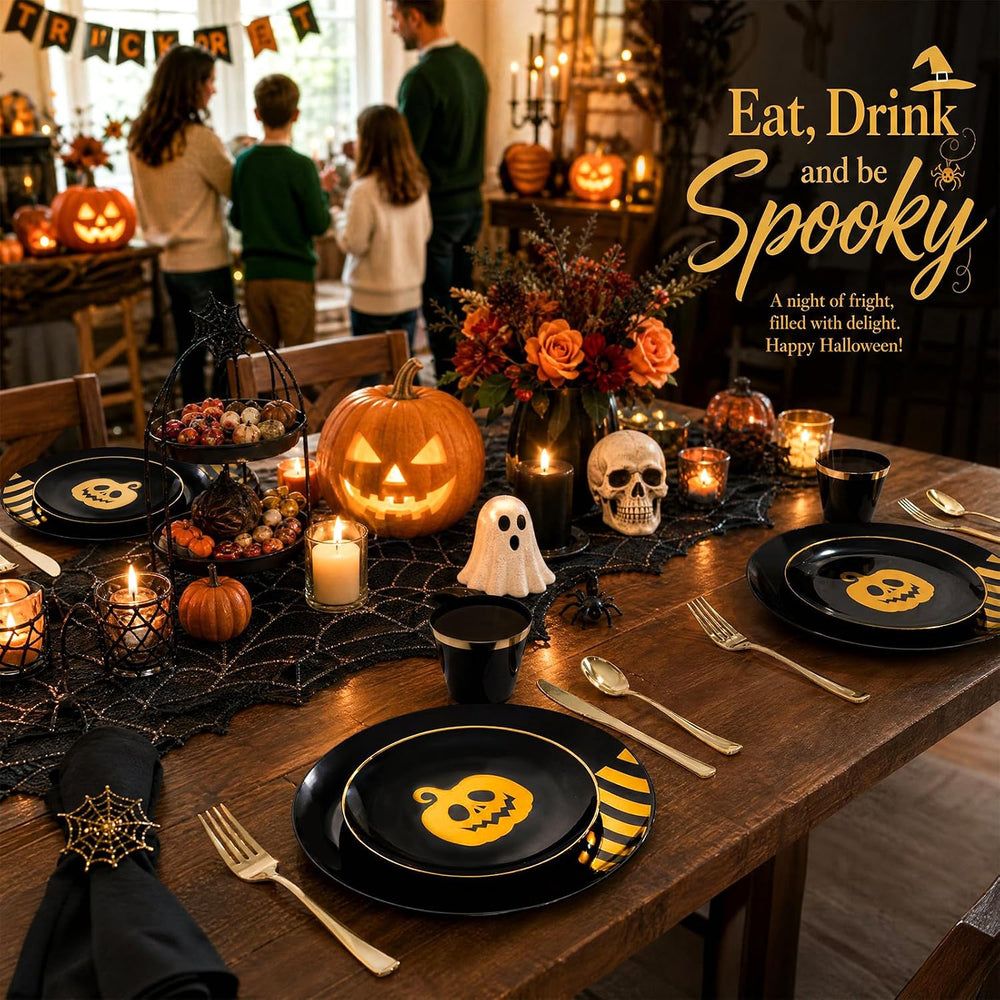 KIRE 25 Guest Halloween Plates Black Gold Plastic Plates Smiley Pumpkin inclu...