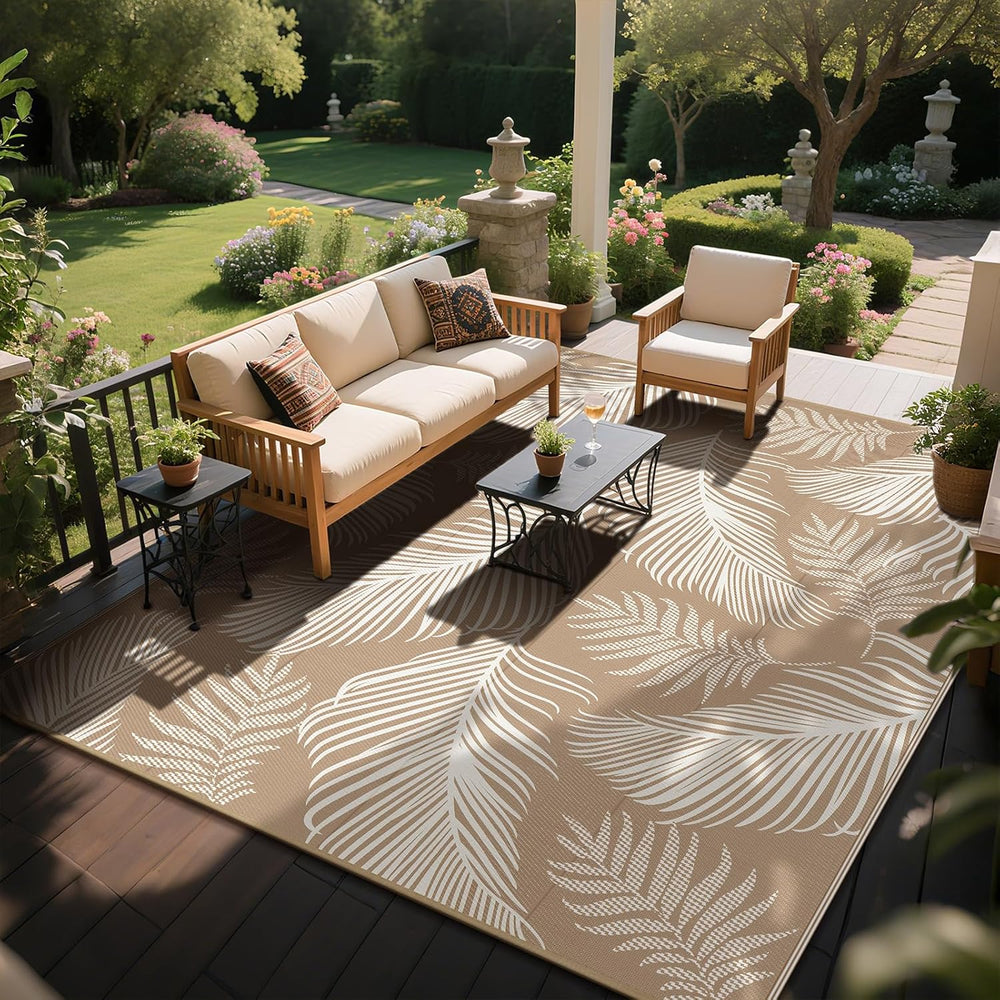 Pauwer Waterproof Outdoor Rug 8x10, Plastic Straw Patio Rug, Leaf Brown