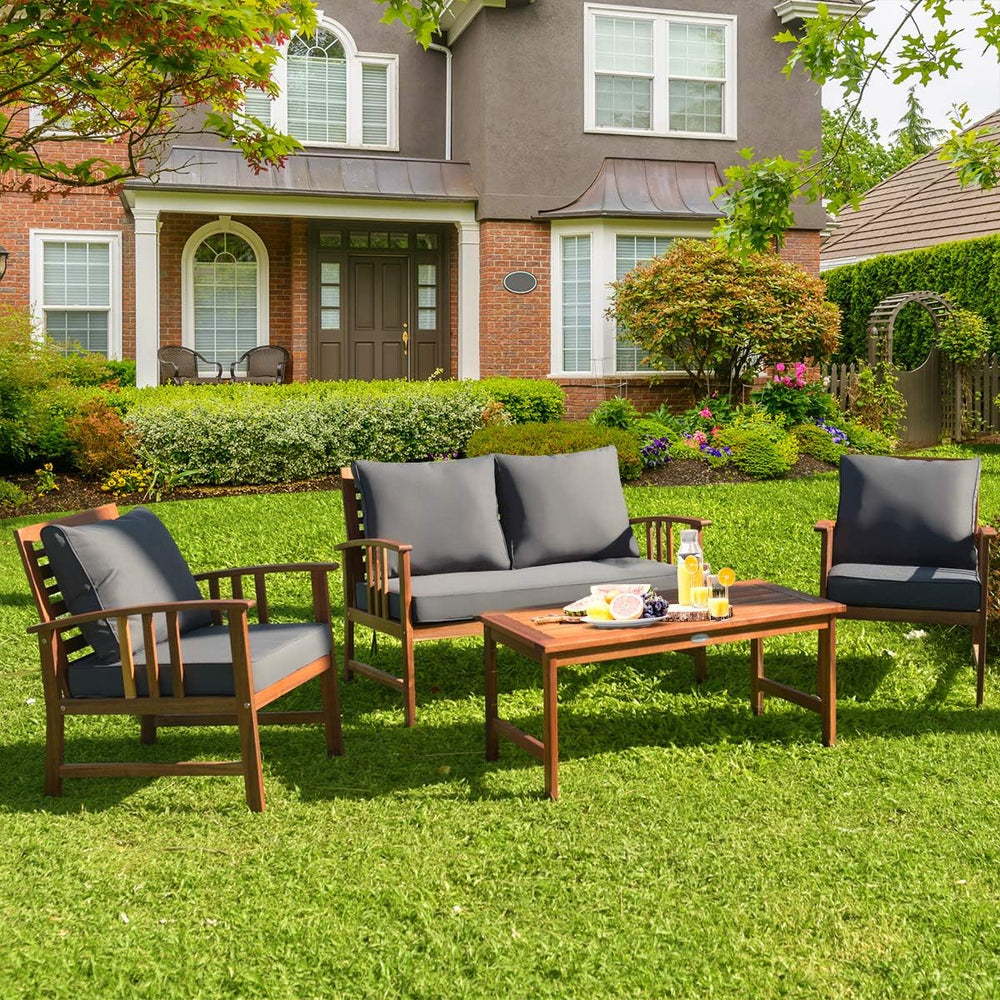 Tangkula 4 Pieces Acacia Wood Patio Furniture Set, Outdoor Seating Chat Set w...