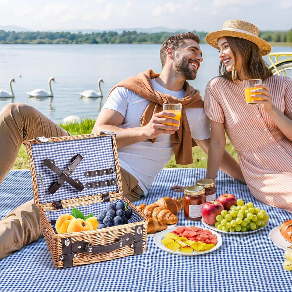 Picnic Basket Set for 2, Wicker Picnic Baskets with Waterproof Blanket and Cu...