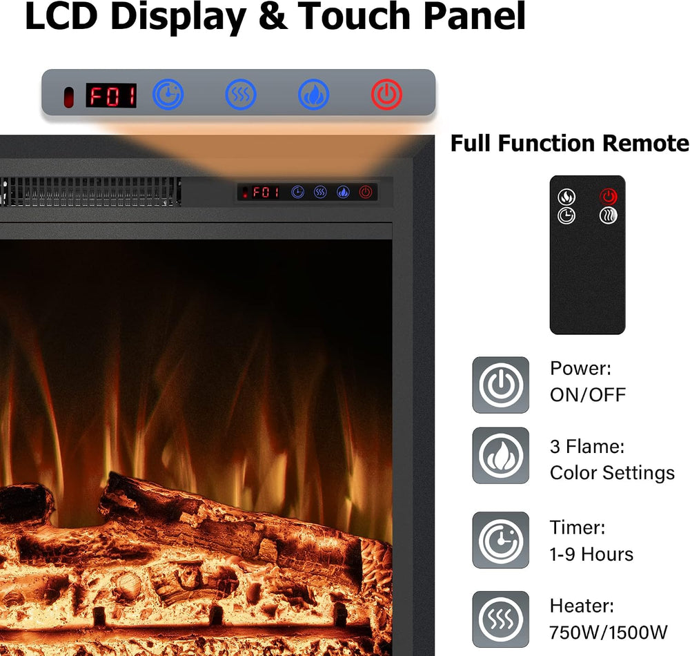 50" Width Electric Fireplace Inserts with Adjustable Flame Colors, Firep...