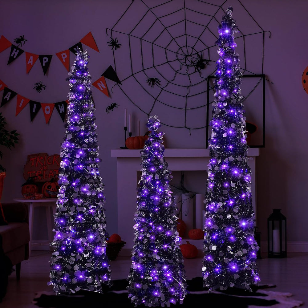 Shappy 3 Pcs 4/5/6 Ft Black Tinsel Halloween Tree with Purple Lights