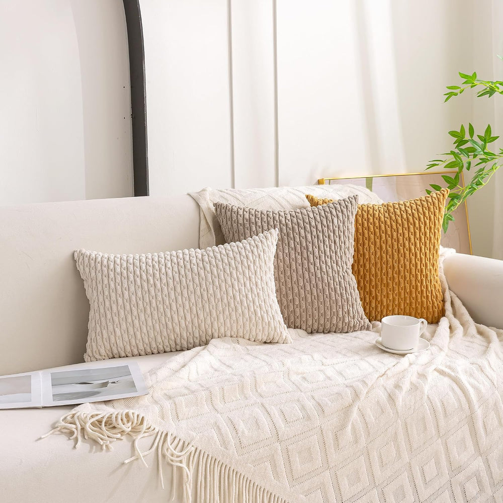 Set of 4 Beige Brown Coffee Decorative Throw Pillow Covers 22x22 Inch Corduro...