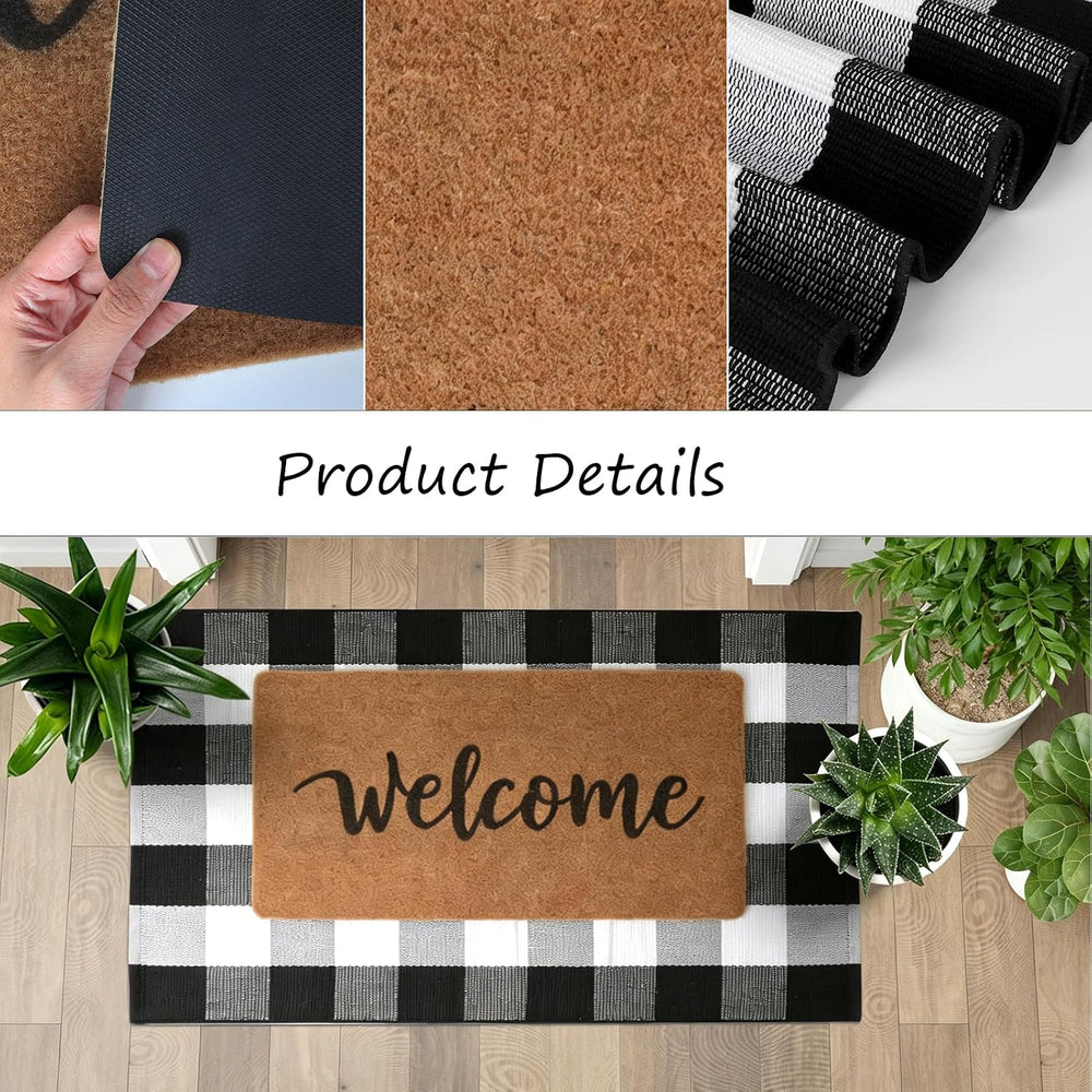 2-Piece Front Door Mat Set, Coir Welcome Mat & Black White Plaid Mat