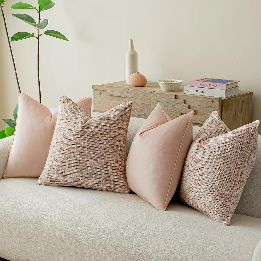 a moment Light Pink 4 Pack Throw Pillow Covers - Chenille & Velvet Set wi...