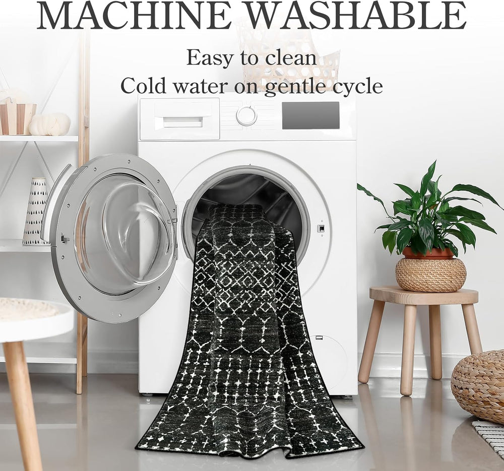 Lahome Moroccan Black Area Rug for Living Room 3x5 Non-Slip Washable Stain Re...