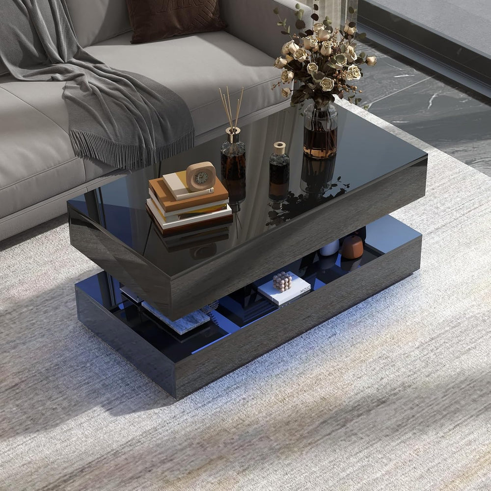 OC Orange-Casual Modern High Gloss LED Coffee Table, 2-Tier Center Table