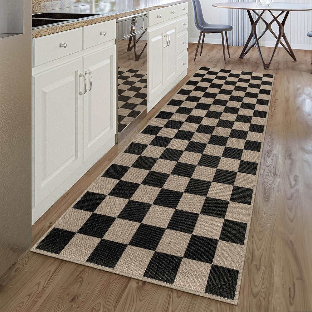 Rugalia Easy Jute Checkered Runner Rug, 2.6x8 Black Modern Washable Rugs Runn...