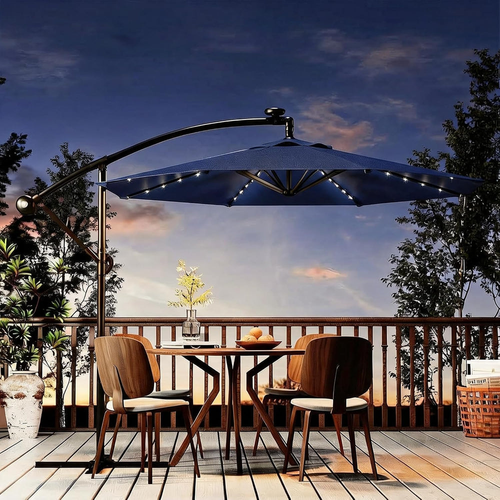 Garvee 10FT Solar Lights Offset Patio Umbrella with Cross Base, Navy Blue