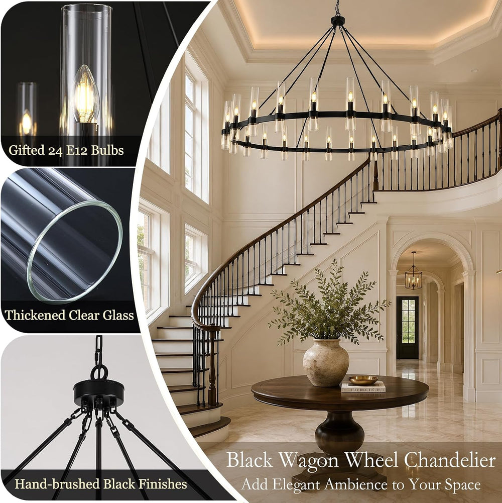 70" Black Wagon Wheel Chandelier, 24-Light Large Farmhouse Chandeliers f...
