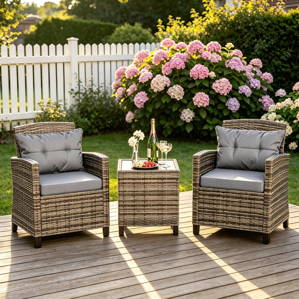 JAMFLY 3 Piece Wicker Patio Furniture Set - Outdoor Rattan Conversation Set w...