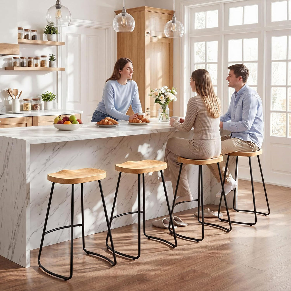 Bar Stools Set of 2, 24'' Counter Height Rustic Wooden Saddle Seat Na...