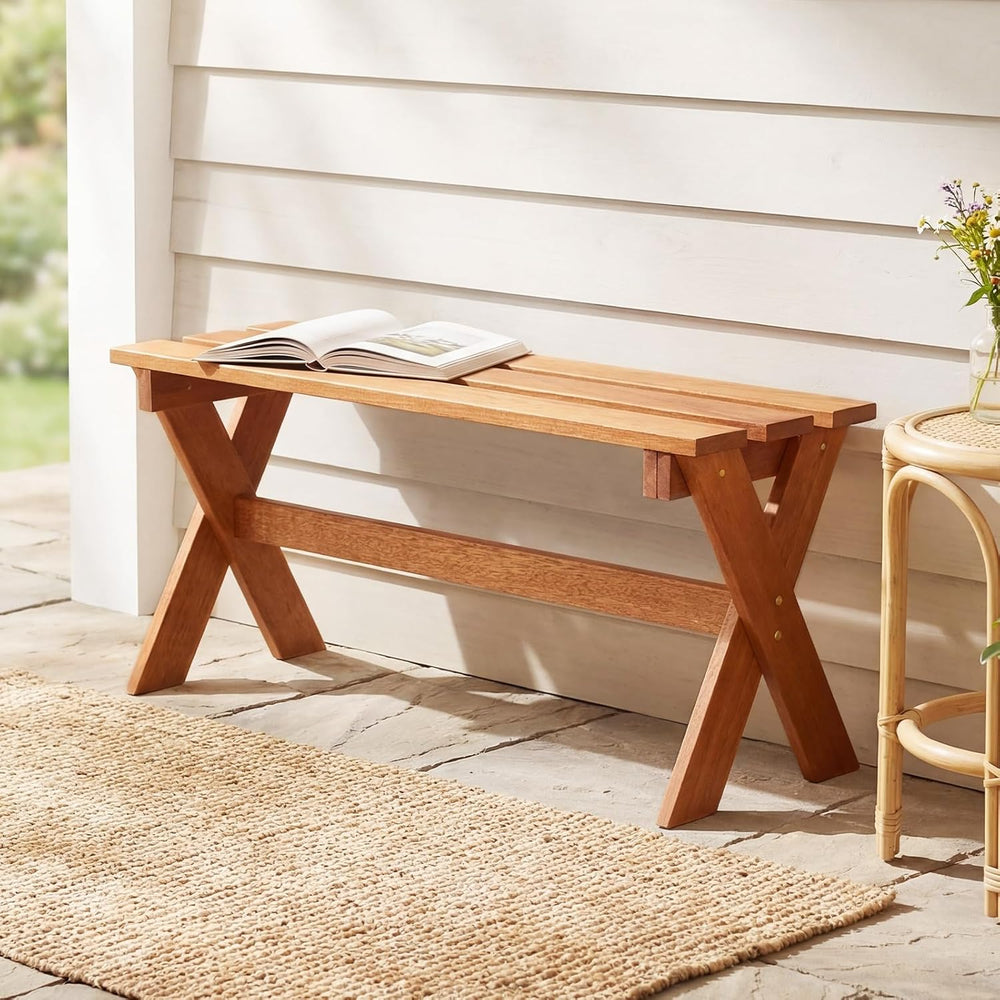 Tangkula Outdoor Wood Bench Backless, Patio Dining Bench with Teak Oil Finish...
