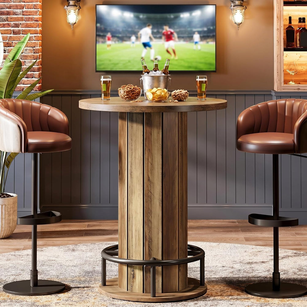 Tribesigns Round Bar Table, 39.4" H Wood Bistro Pub Table with Metal Rin...
