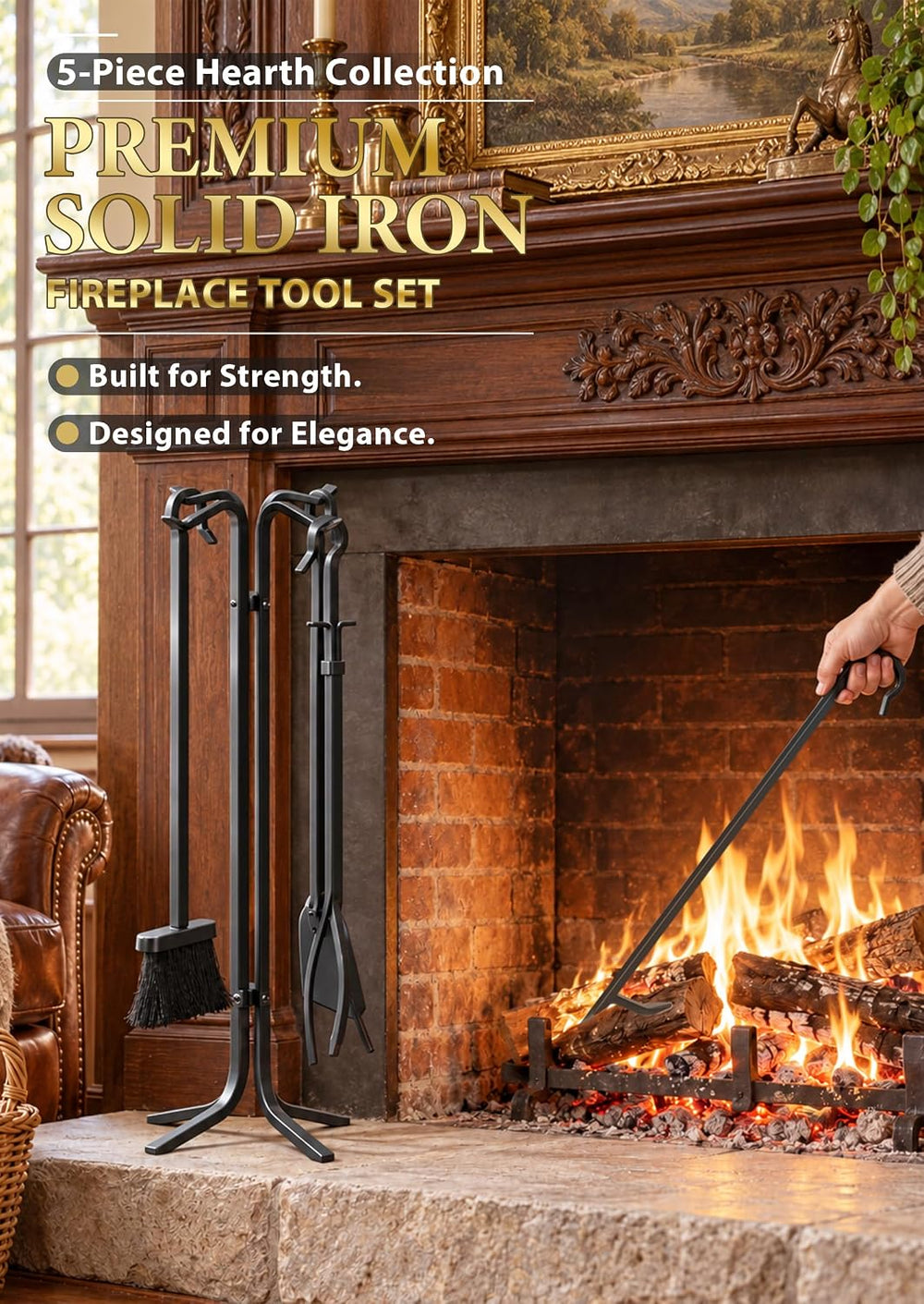 FEED GARDEN Hand Forged Fireplace Tool Set with Stand, Wrought Iron 5 Piece 2...