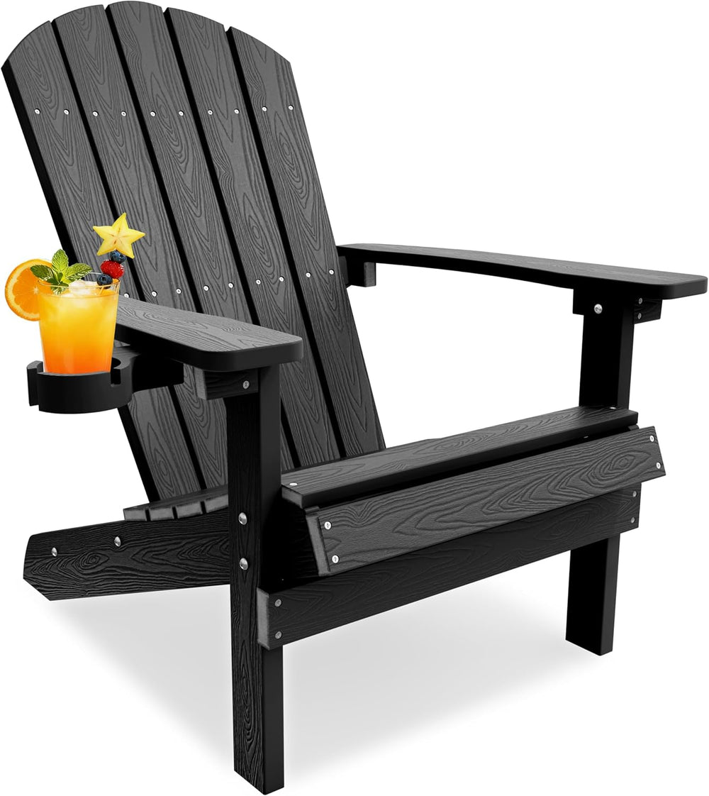 YEFU Adirondack Chair with Cup Holder, All-Weather Outdoor Chair, Black
