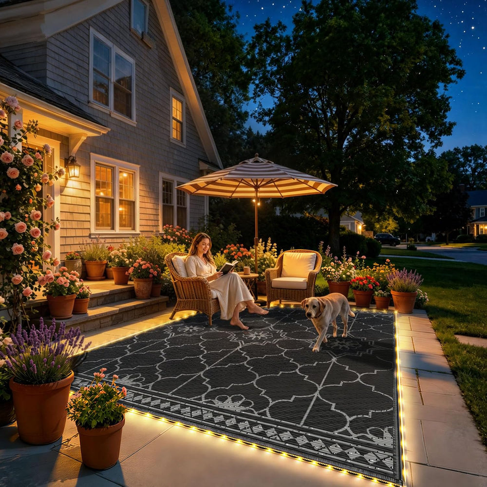 9x12Ft Outdoor Rug, Solar Powered Outdoor Rug with 131LEDs Strip Lights for H...