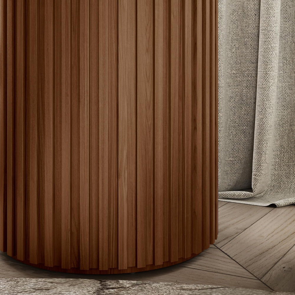 POVISON Round Coffee Side Table, Mid Century Wood End Table, Fluted Side Tabl...